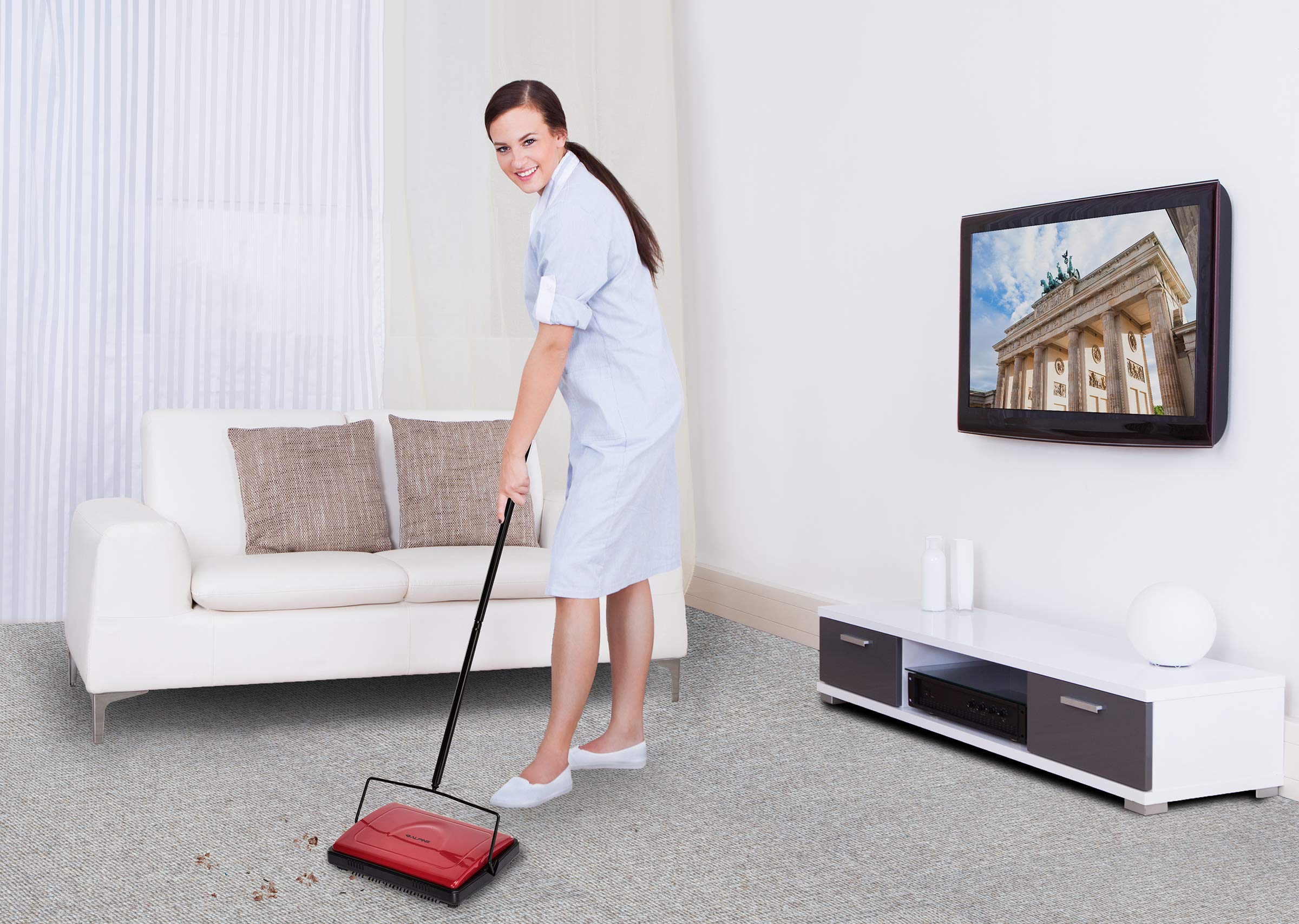 Alpine Manual Carpet Sweeper Triple Brush – Cordless Non Electric Multi-Surface Floor Brush Hardwood Floor Cleaner Easy Sweeping for Carpeted Floors (Improved Black)