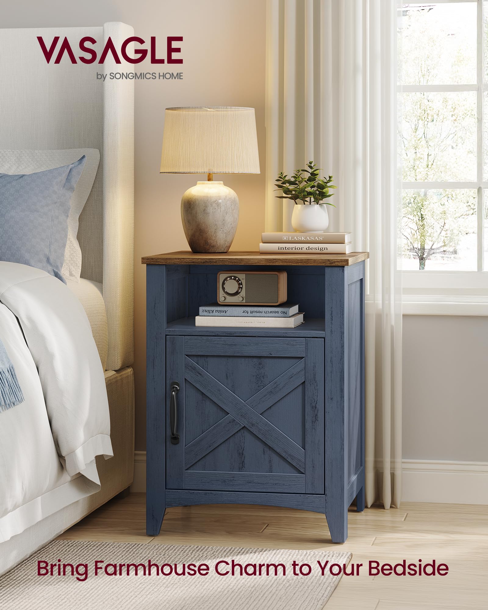 VASAGLE LIRY Collection - Farmhouse Nightstand with Barn Door, Bedside Table with Storage, Side End Table, Night Stand, Open Compartment, for Bedroom, Misty Gray ULET609G68