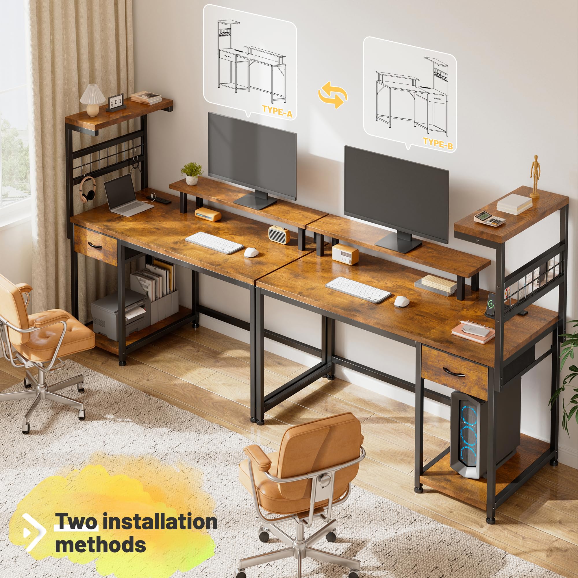 EnHomee 40" Gaming Desk with Power Outlets & LED Lights, Computer Desk with Drawer & Storage Shelve, Home Office Desk with Monitor Stand for Living Room, Study Room, Gaming Room, Black
