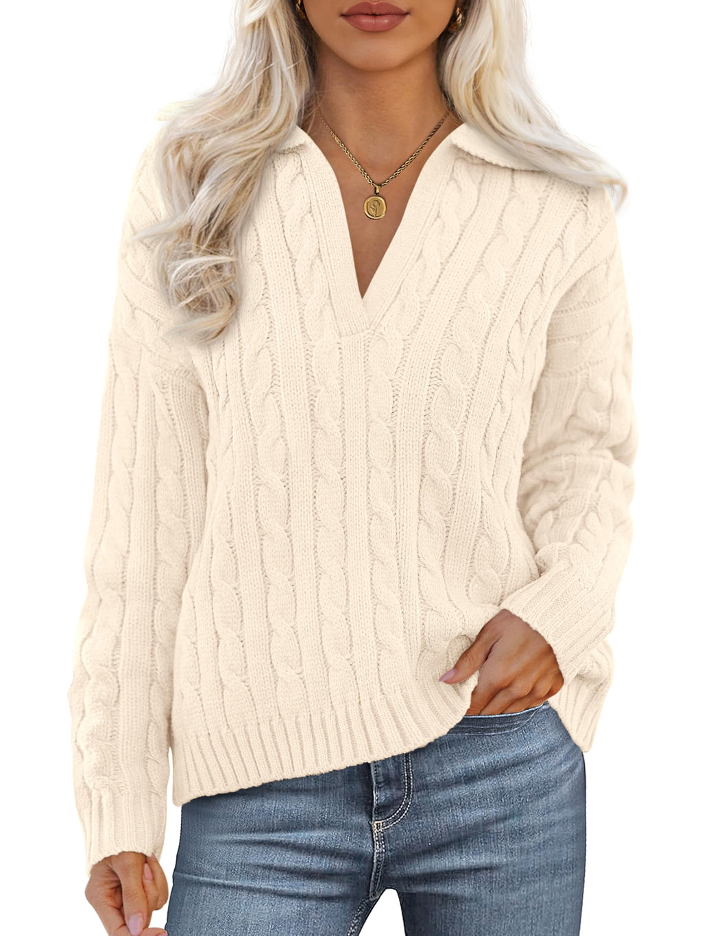 PRETTYGARDEN Spring Cable Knit Oversized Sweaters for Women 2026 Polo V Neck Long Sleeve Casual Chunky Sweater Pullover Tops