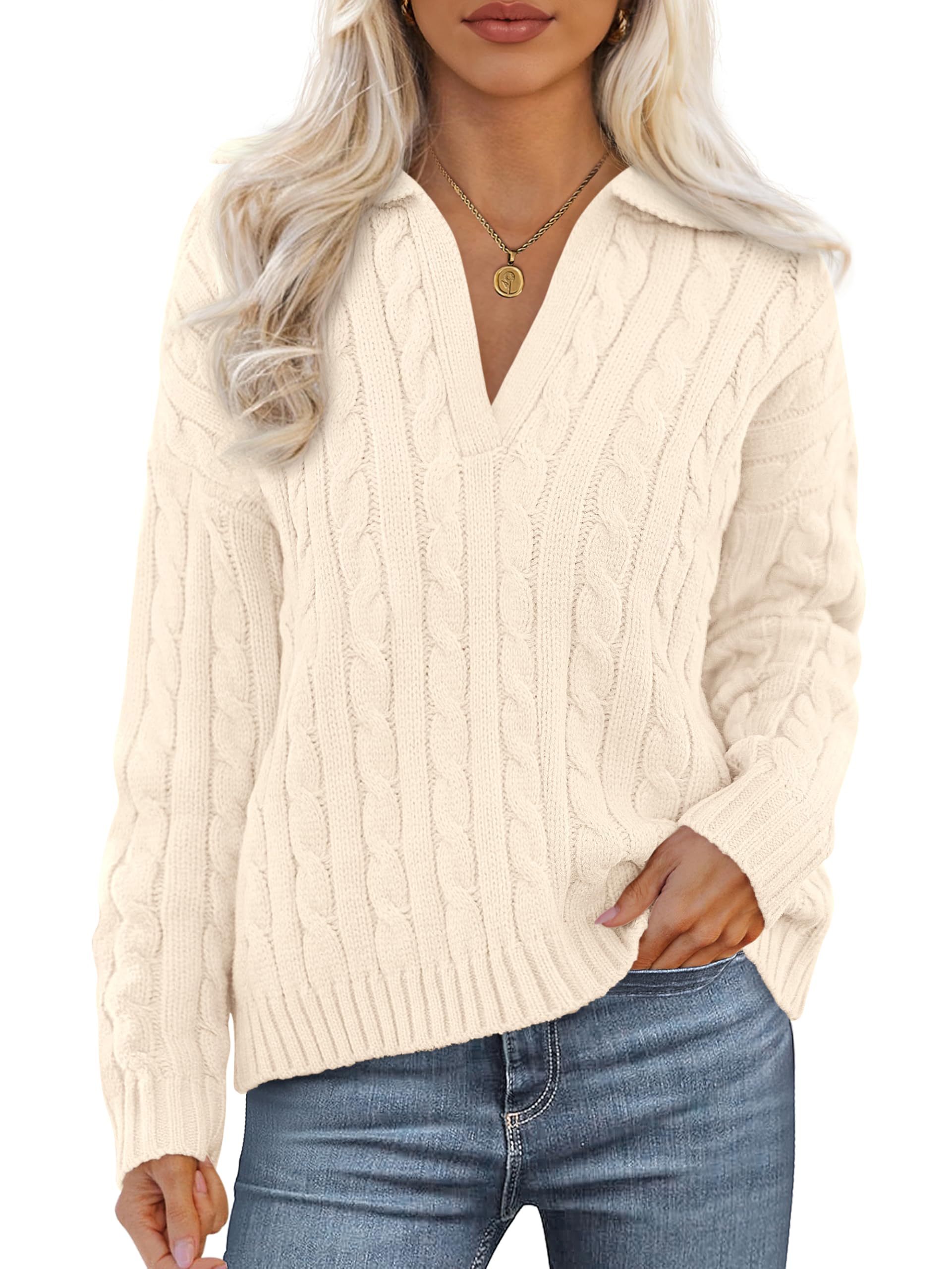 PRETTYGARDEN Spring Cable Knit Oversized Sweaters for Women 2026 Polo V Neck Long Sleeve Casual Chunky Sweater Pullover Tops