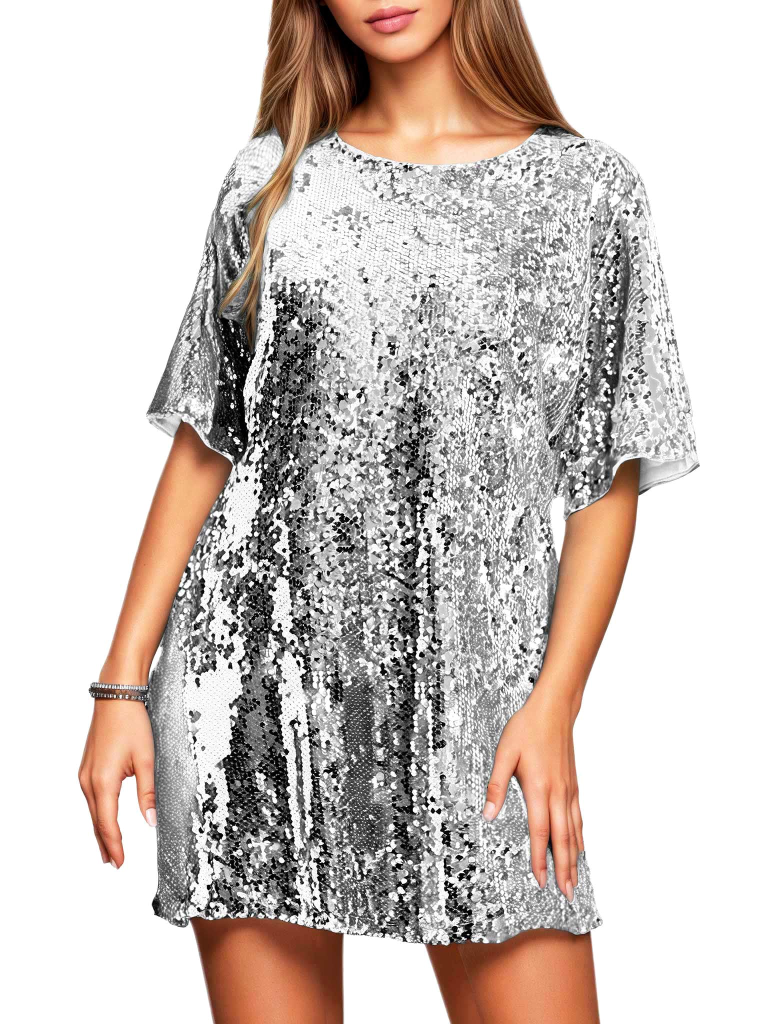 Women's Crew Neck Sequin Dress for Women Sexy V Neck Shirt Dress Sparkly Half Sleeve Loose Party Club Cocktail Dress