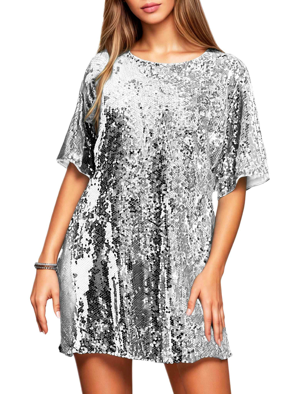 Women's Crew Neck Sequin Dress for Women Sexy V Neck Shirt Dress Sparkly Half Sleeve Loose Party Club Cocktail Dress