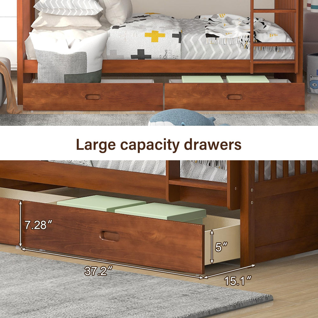 Merax Wood Bunk Bed with Two Drawers,Convertible Wood Bunk Bed with Ladders and Two Storage Drawers,Solid Wood Detachable Bed Frame with Ladders, Twin Over Full Size, Espresso
