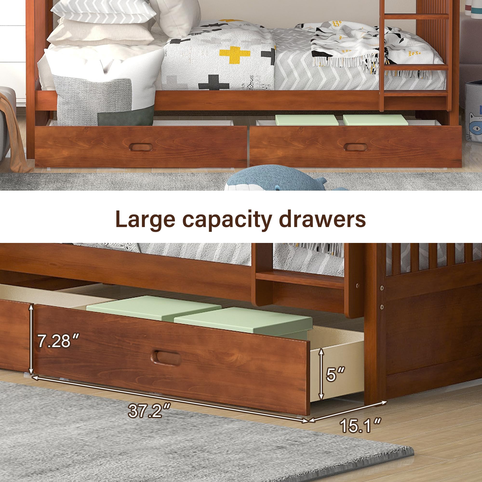 Merax Wood Bunk Bed with Two Drawers,Convertible Wood Bunk Bed with Ladders and Two Storage Drawers,Solid Wood Detachable Bed Frame with Ladders, Twin Over Full Size, Espresso