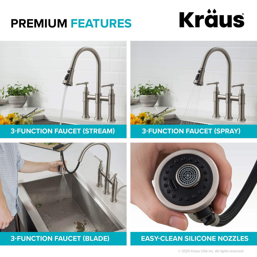 KRAUS Allyn Transitional Bridge Kitchen Faucet with Pull-Down Sprayhead in Brushed Gold, KPF-3121BG