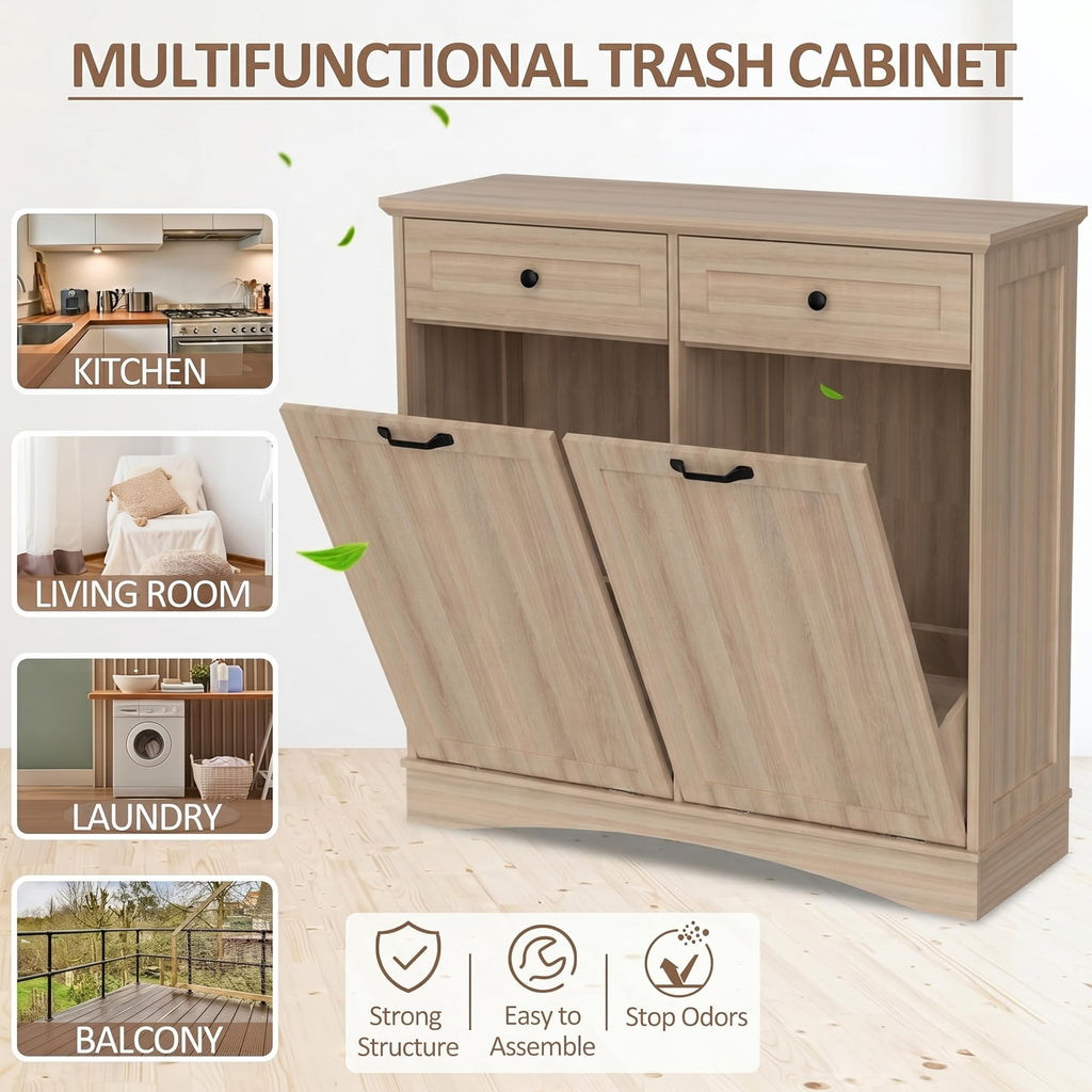 AHB Double Tilt Out Trash Can Cabinet Freestanding Kitchen Trash Can, 2x13 Gallons Hidden Garbage Recycling Cabinet with Hideaway Drawers Pet Proof Trash Can Holder for Kitchen, Antique White