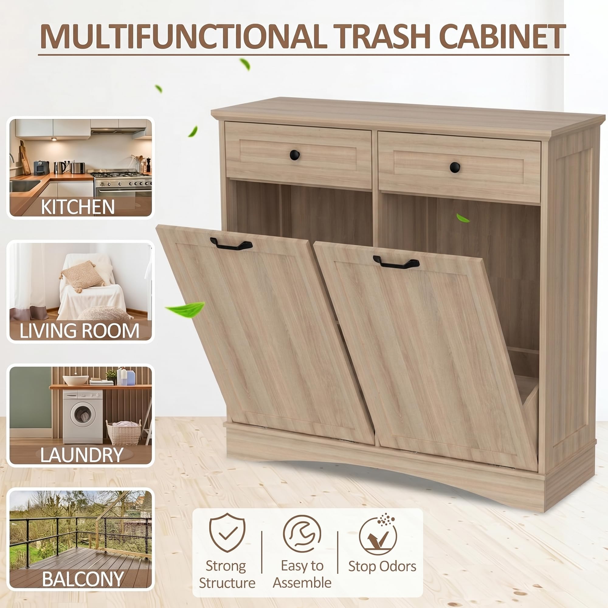 AHB Double Tilt Out Trash Can Cabinet Freestanding Kitchen Trash Can, 2x13 Gallons Hidden Garbage Recycling Cabinet with Hideaway Drawers Pet Proof Trash Can Holder for Kitchen, Antique White