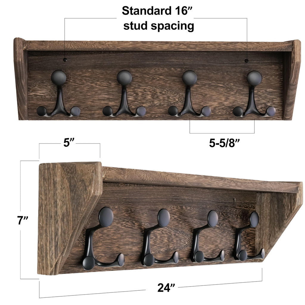 SKOLOO Wall Shelf with Hooks, 24-Inch Cherry Coat Rack Wall Mount with Shelf Organizer - Heavy Duty, 4 Tri Hooks - Perfect for Entryway, Hallway, Living Room, Bedroom, Mudroom