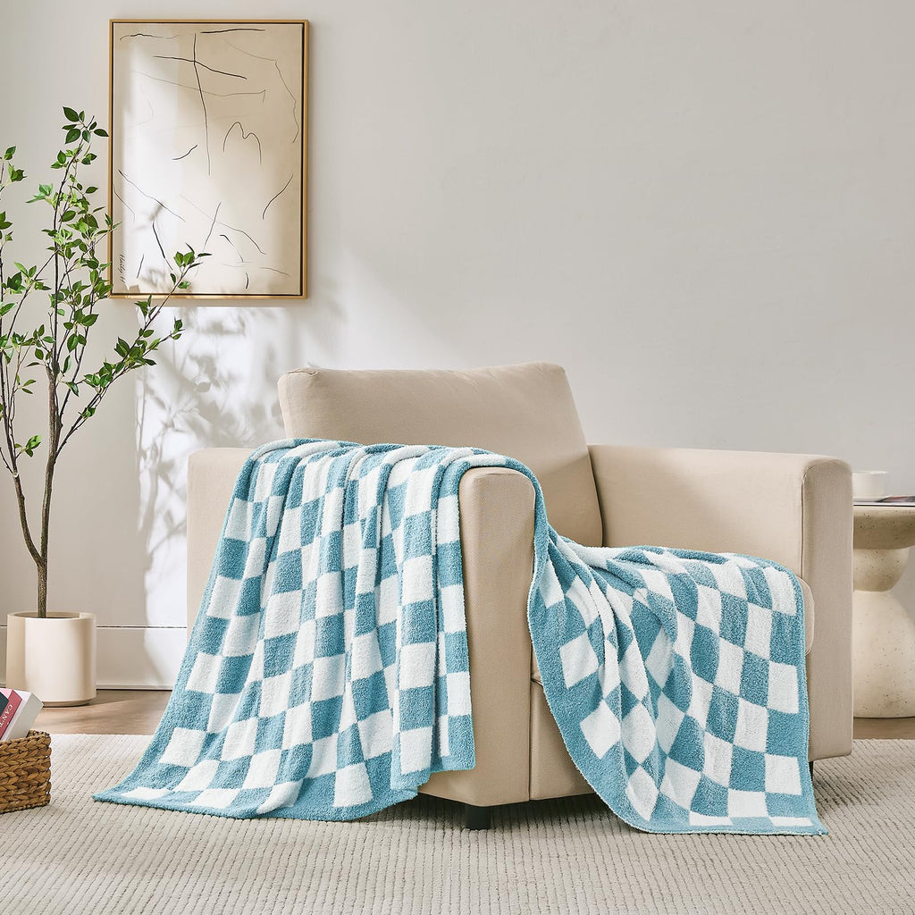 Checkered Throw Blanket, Black Soft Cozy Fluffy Knitted Throw Blankets for Couch, Sofa, Bed, Chair, Warm Fuzzy Travel Picnic Lightweight Plaid Blanket, 50x70 inches