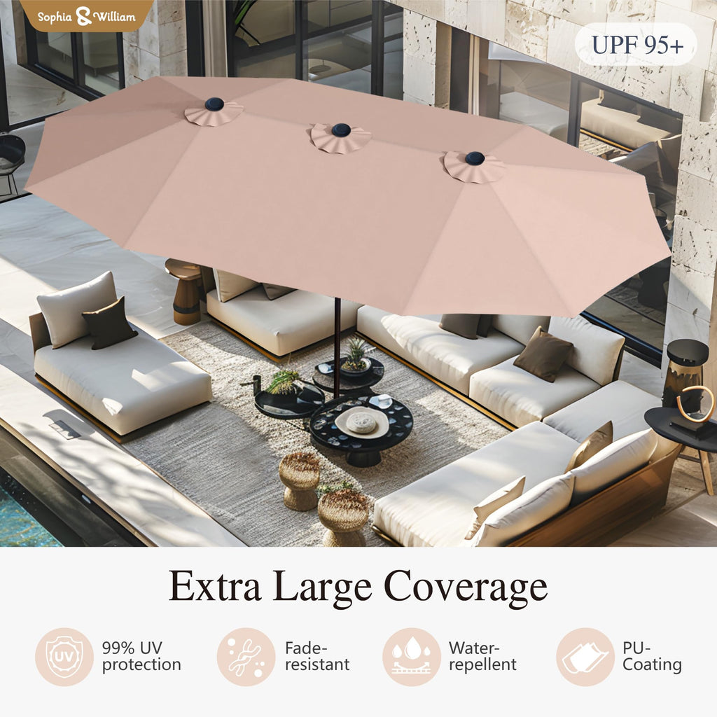 Sophia & William 15 ft Extra Large Patio Umbrella with Base Included, Rectangular Outdoor Umbrella Heavy Duty, Market Umbrella Double-sided Fade Resistant for Pool Garden Backyard, Beige