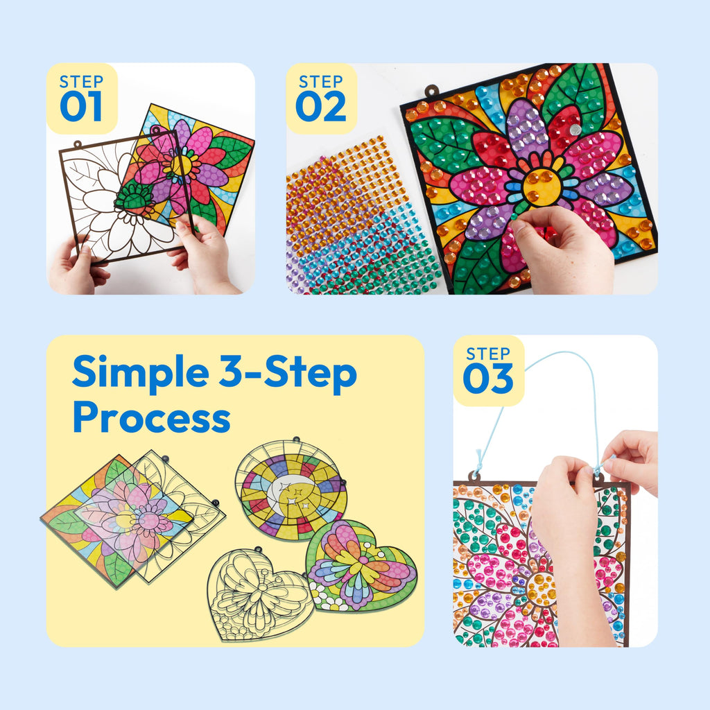 Klever Kits 4PCS Window Art Suncatcher Kits, Fun Gem Painting Kits, Diamond Art and Crafts for Boys Girls, Great Crafts Gift for Kids Birthdays Christmas Ages 6+