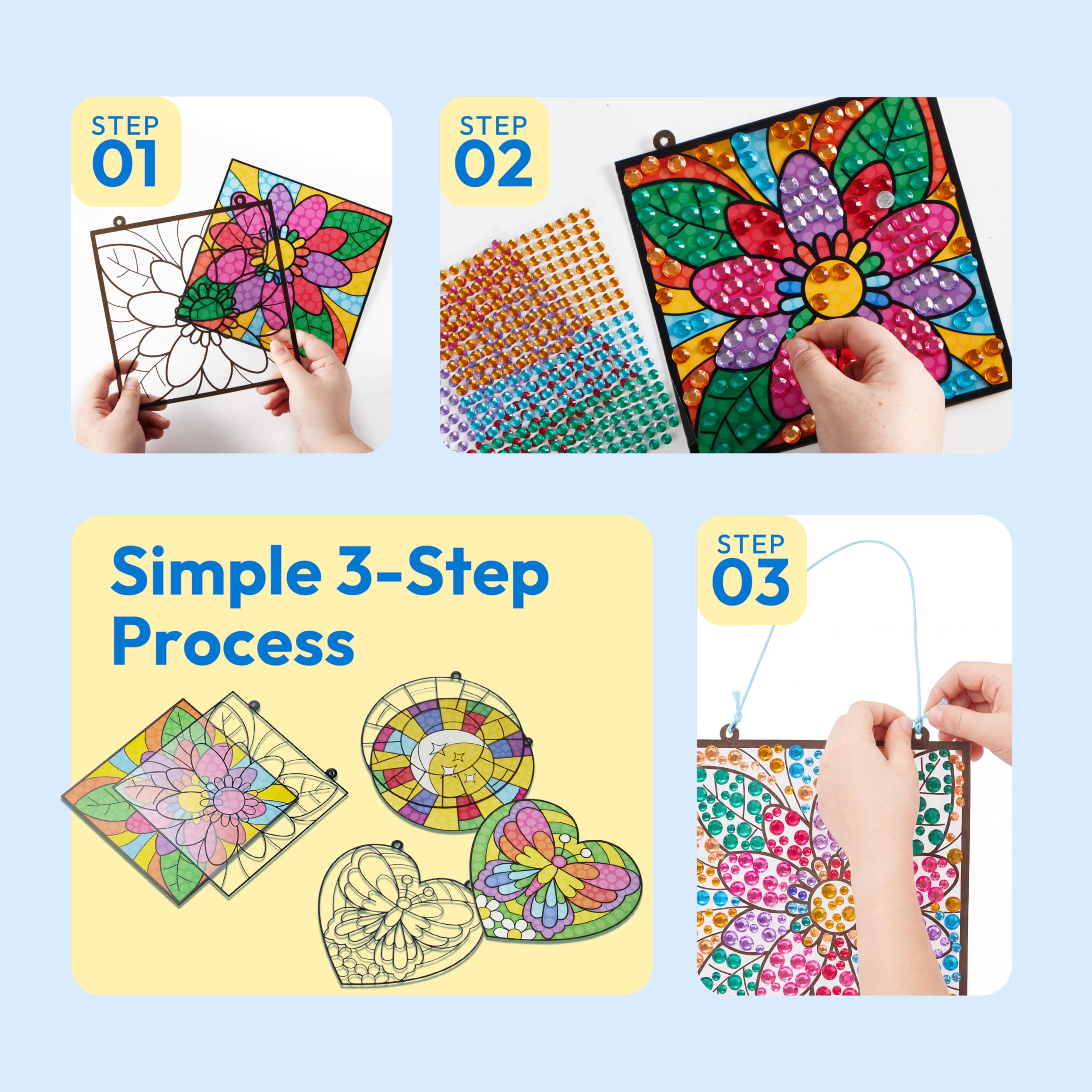 Klever Kits 4PCS Window Art Suncatcher Kits, Fun Gem Painting Kits, Diamond Art and Crafts for Boys Girls, Great Crafts Gift for Kids Birthdays Christmas Ages 6+