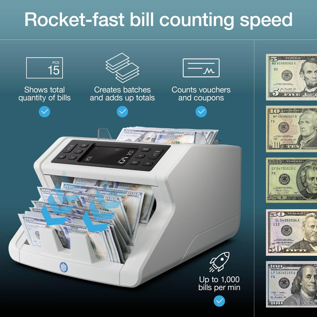 Safescan 2210 Money Counter Machine with Counterfeit Detection, Add/Batch Modes, LCD-Display, High-Speed Counts 1,000 bills per minute, 2 Point Counterfeit Check - Sorted Counter for All Currencies