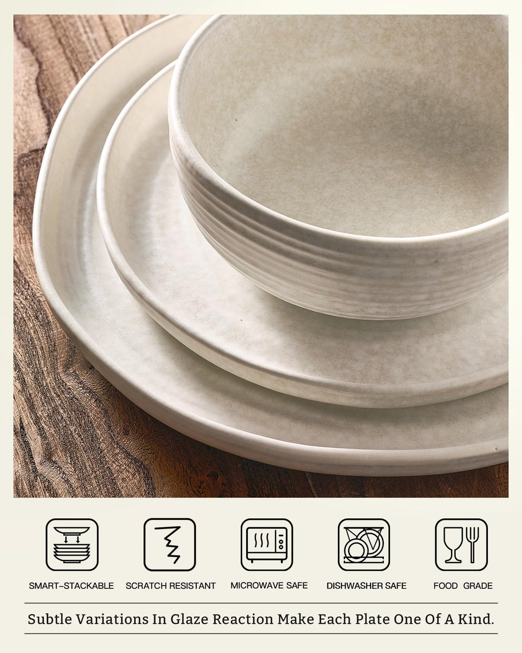 Famiware Pluto Stoneware Dinnerware Sets, 12-Piece Double Reactive Glaze Plates and Bowls Sets, Dishware Sets for Everyday & Formal Dining, Irregular Edge Dishes, Service for 4, Matte Beige White
