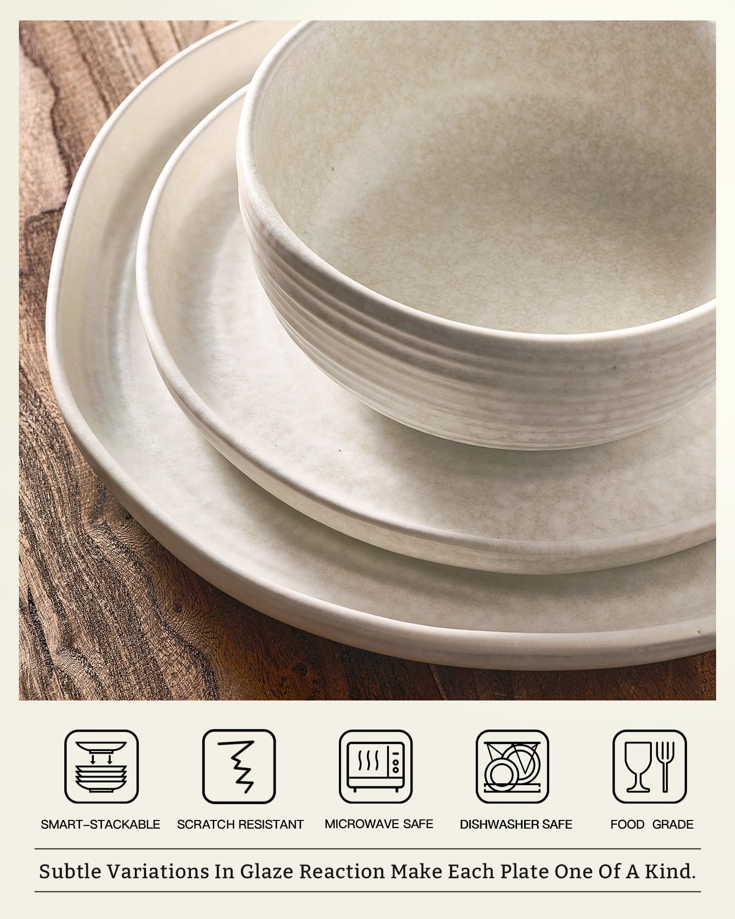 Famiware Pluto Stoneware Dinnerware Sets, 12-Piece Double Reactive Glaze Plates and Bowls Sets, Dishware Sets for Everyday & Formal Dining, Irregular Edge Dishes, Service for 4, Matte Beige White