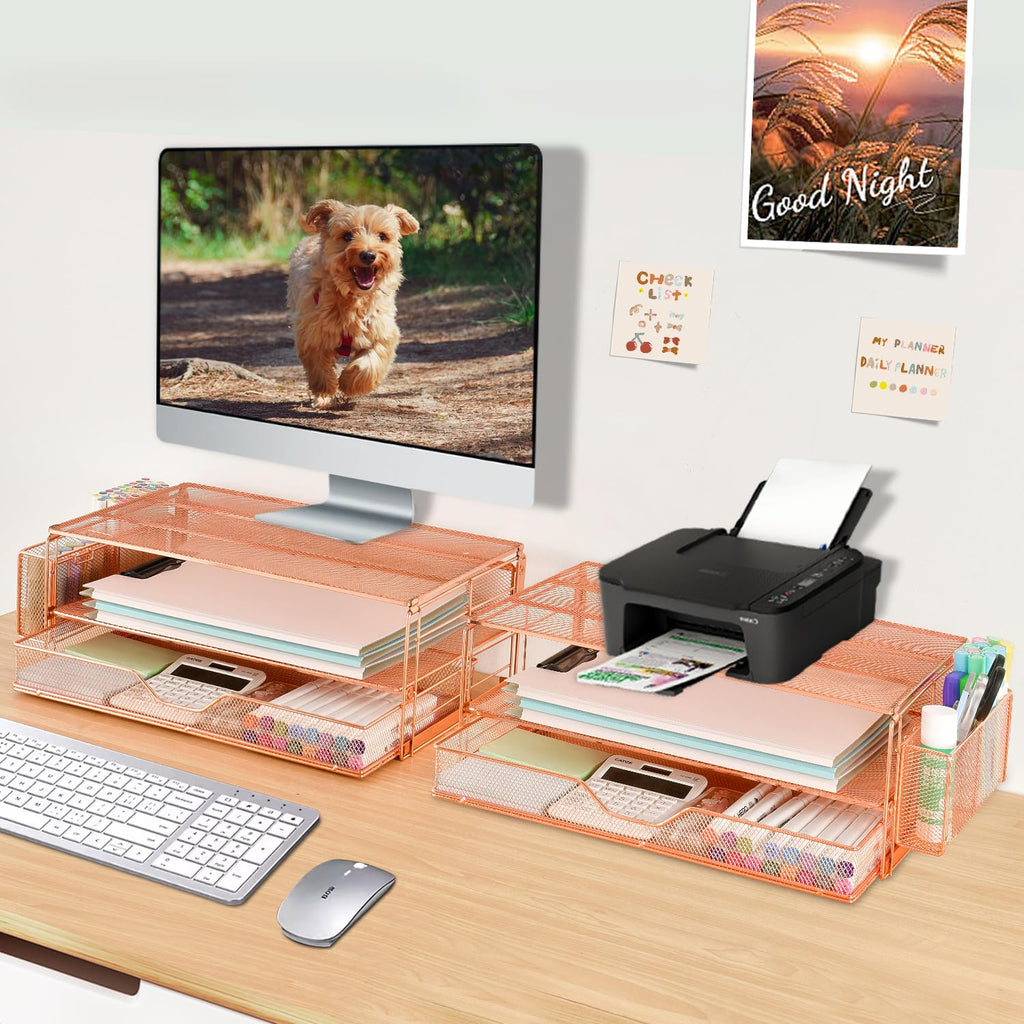 AUPSEN 2 Tier Computer Monitor Stands with Drawer and 2 Pencil Holder, Metal Monitor Stand Monitor riser, Computer Desk Organizer and Accessories for Laptop, Computer, Printer, Office Supplies(Black)
