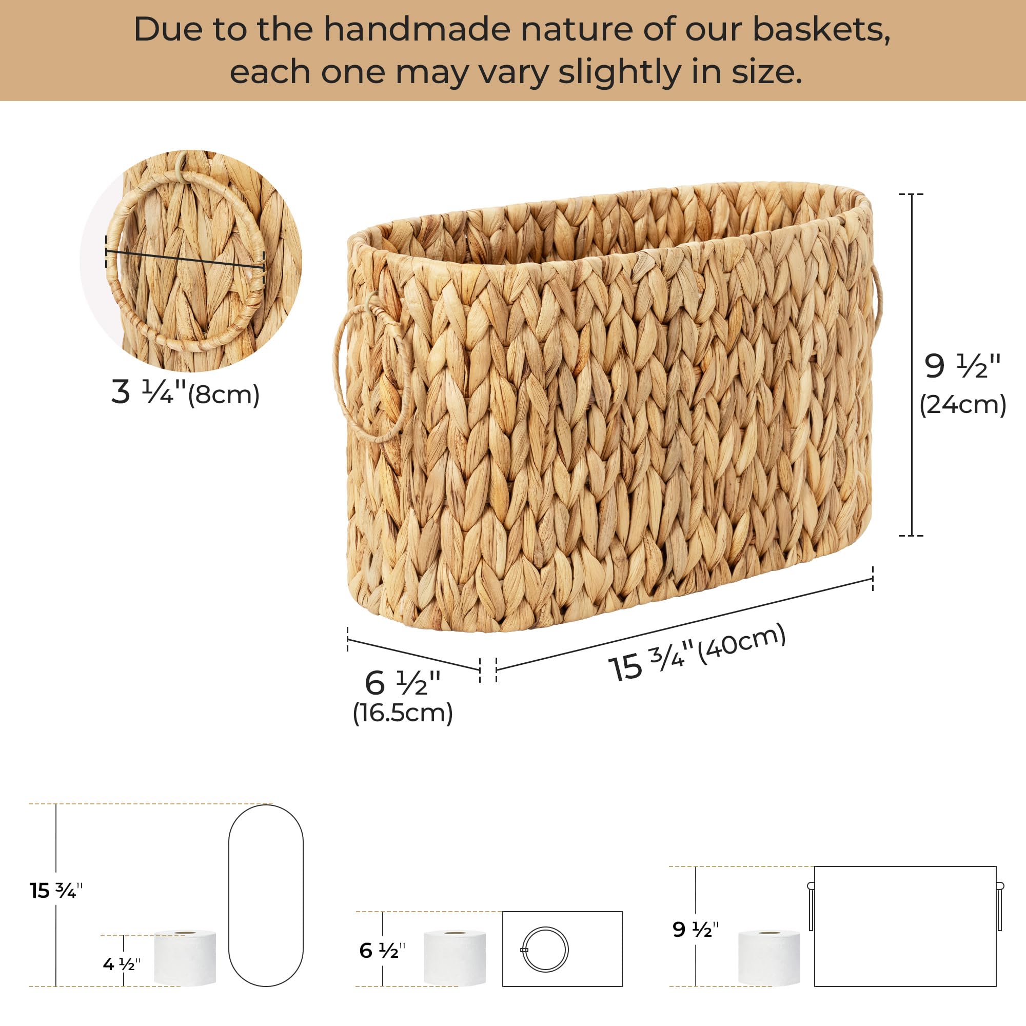 StorageWorks Bathroom Toilet Paper Storage Holder with Lid, Wicker Toilet Paper Basket for 6 Regular Rolls, Slim Basket Organizer with Handles, Water Hyacinth Storage Baskets for Bathroom, Brown