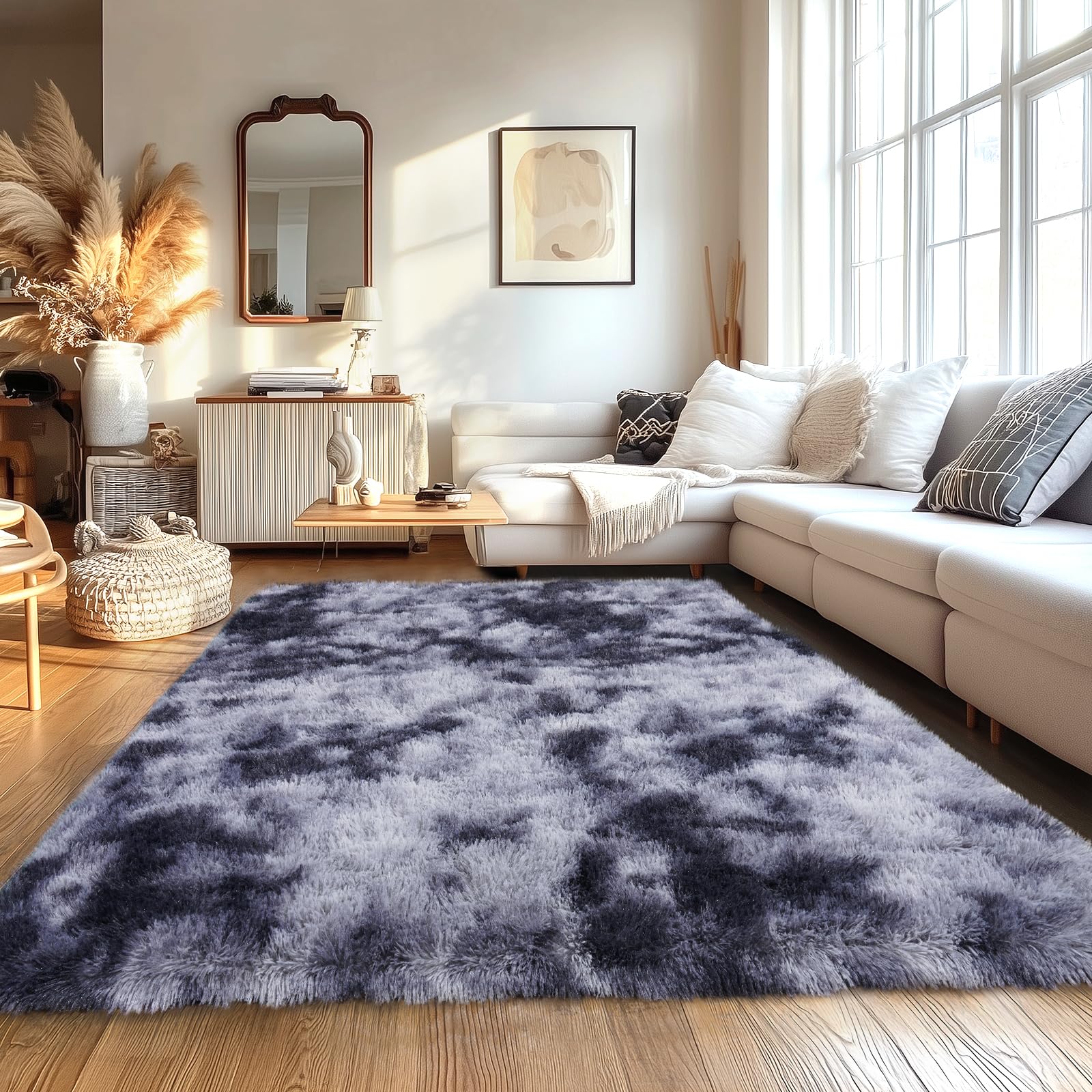 Beige Fluffy Rug for Bedroom 4x6ft - Ultra Soft & Non Slip Shaggy Area Rug, Comfy Durable Carpet for Living Room Kids Room Teens Dorm Home Decor, 1.7'' Thick Indoor Plush Carpets