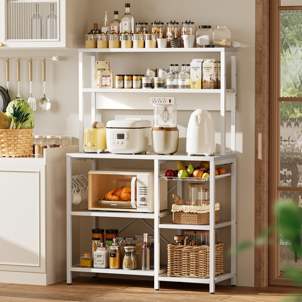 SUPERJARE Bakers Rack with Power Outlet, 35.4 Inches Coffee Bar with Wire Basket, Kitchen Microwave Stand with 6 S-Shaped Hooks, Open Storage Shelves, Black