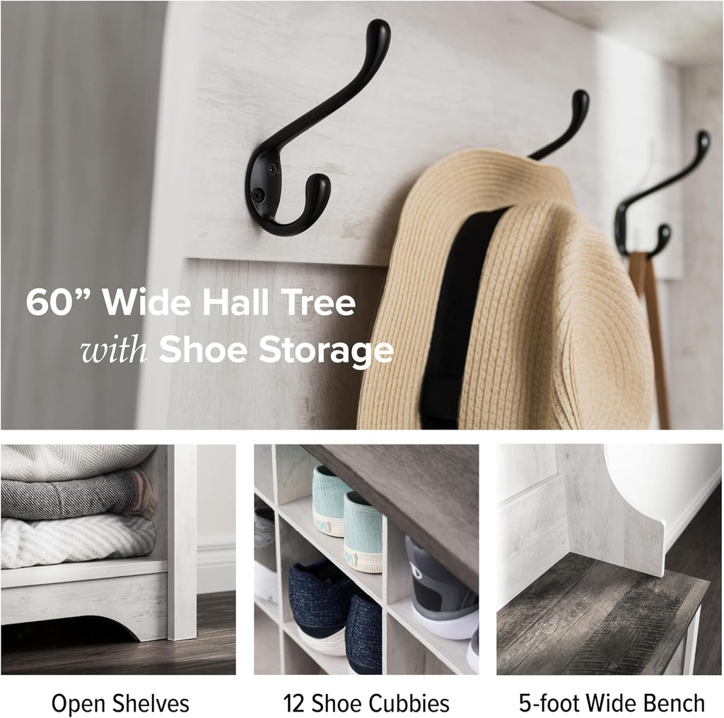 Prepac Farmhouse Washed White Hall Tree, Shoe Cabinet, Storage Cabinet with 12 Shoe Cubbies, 2 Boot Cubbies and 6 Double Coat Hooks 15.5" D x 60" W x 77" H