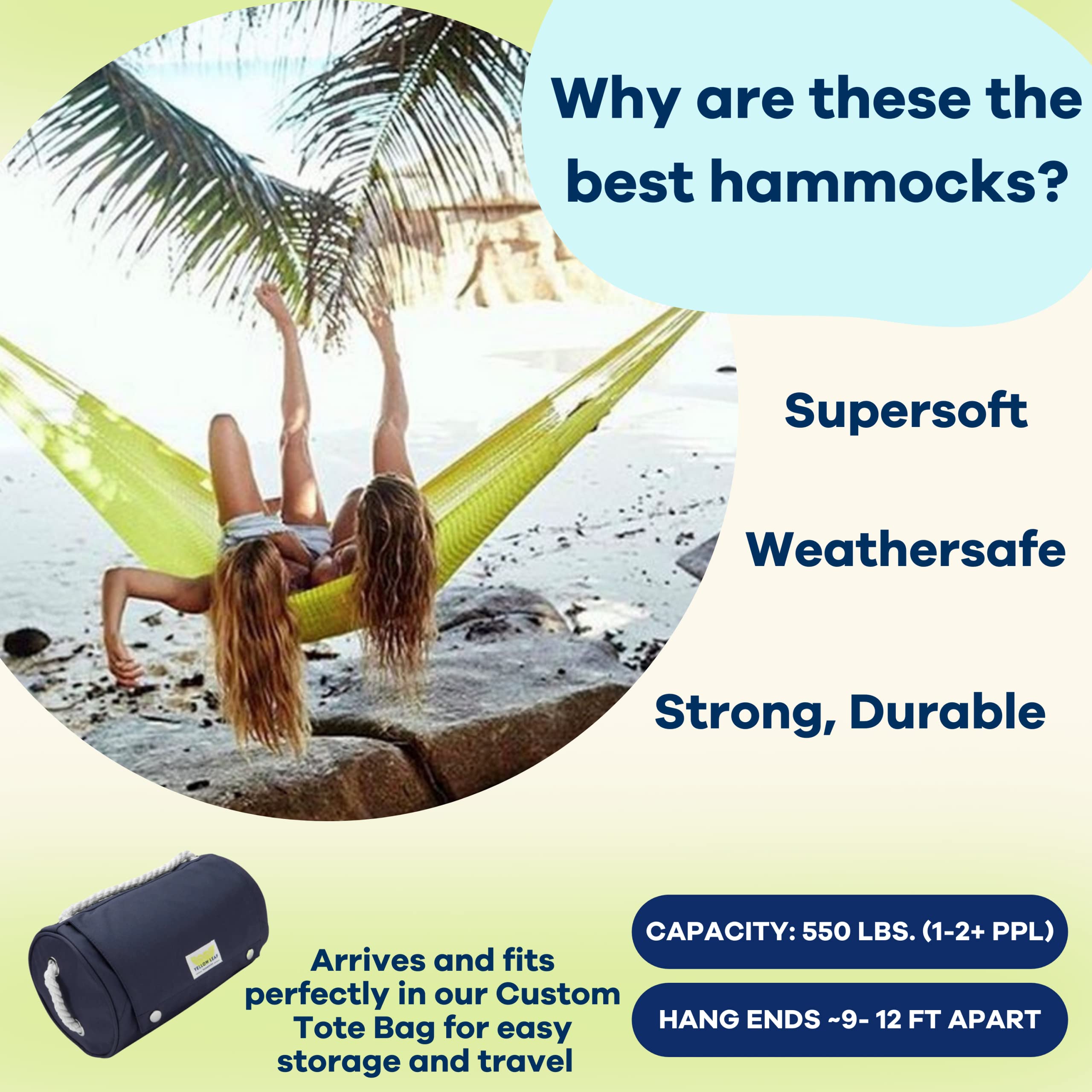 Handwoven Hammock by Yellow Leaf Hammocks - Double Size, Fits 1-2 PPL, 400lb max - Weathersafe, Super Strong, Easy to Hang, Ultra Soft, Artisan Made - Color: Natural Khaki