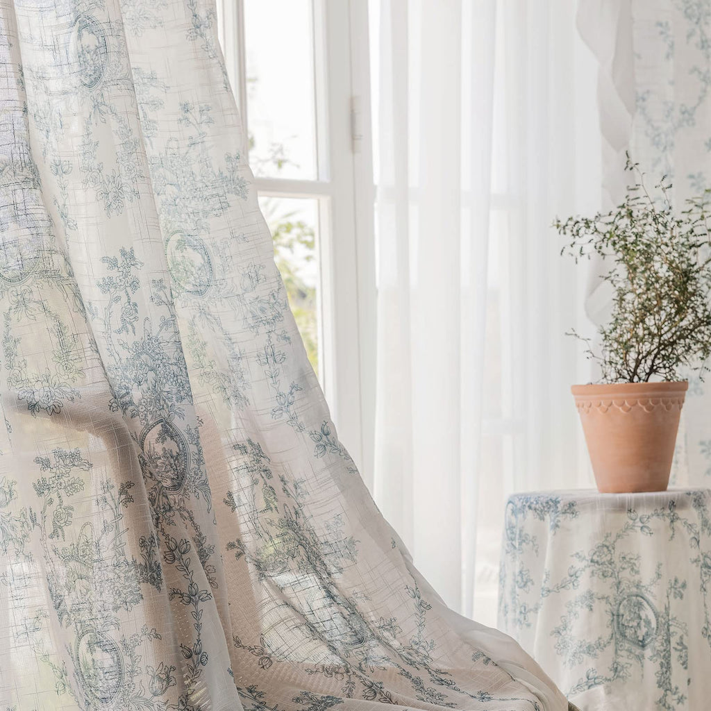 SUOUO Blue Leaf Semi Sheer White Curtains for Bedroom Dining Living Room Linen Textured 84 inches Long Rod Pocket Boho Window Drapes 2 Panels