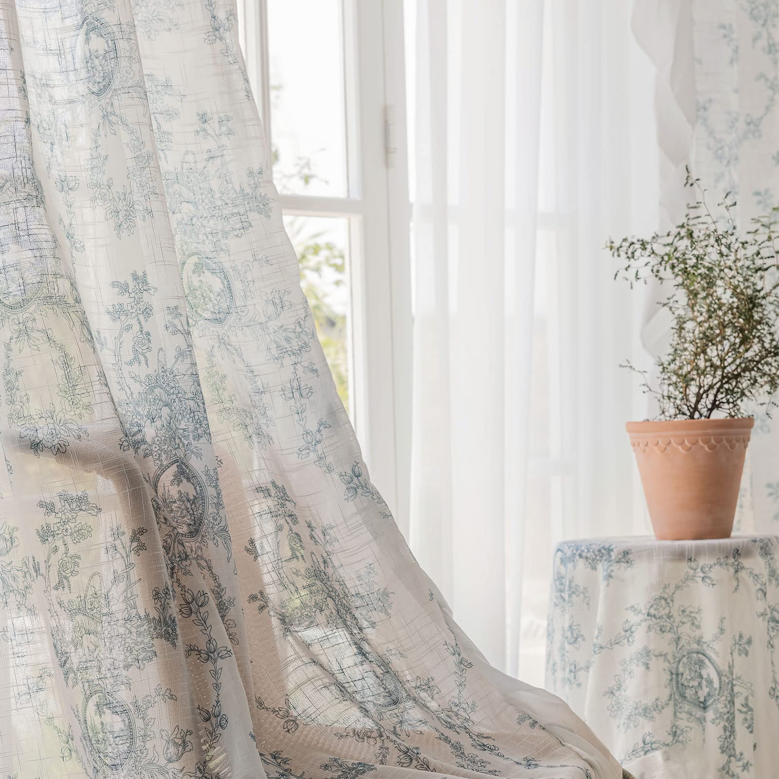 SUOUO Blue Leaf Semi Sheer White Curtains for Bedroom Dining Living Room Linen Textured 84 inches Long Rod Pocket Boho Window Drapes 2 Panels