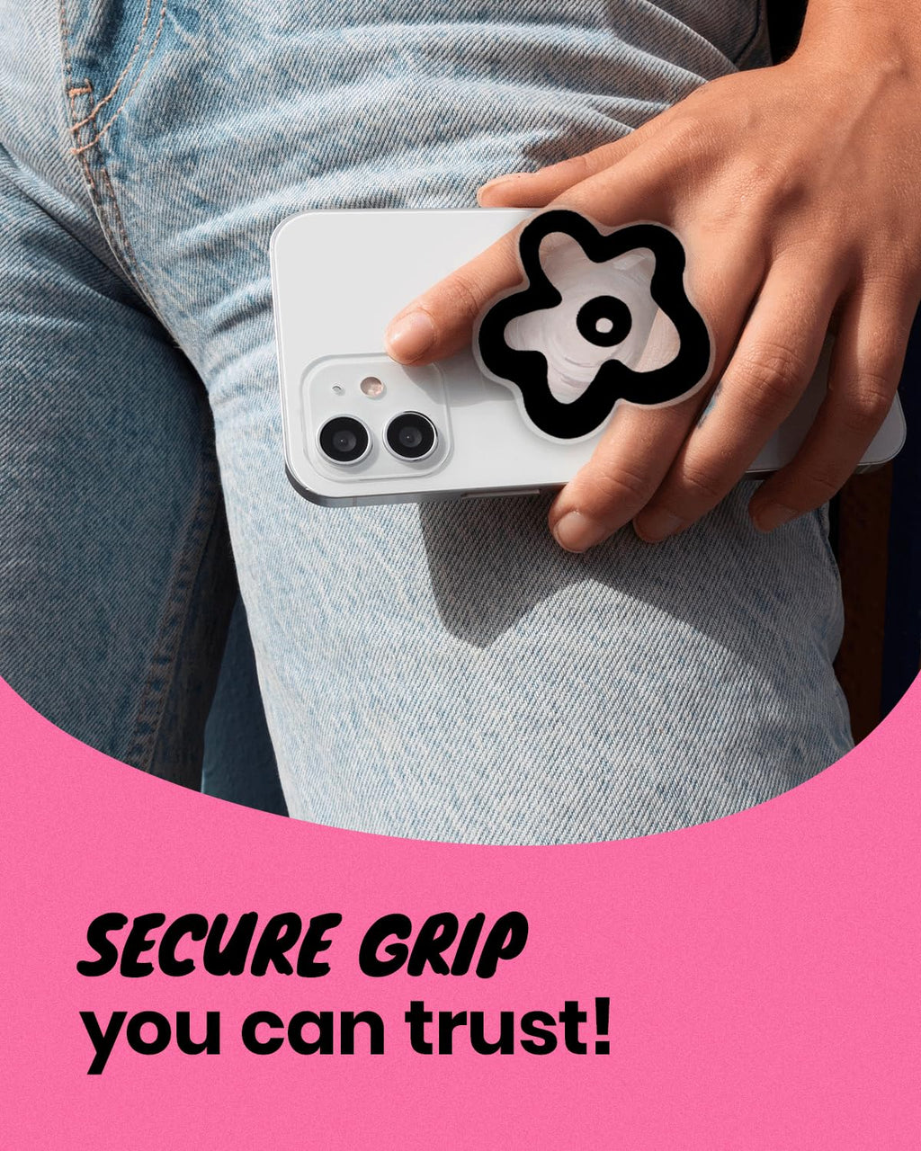 OnTheGrip Cute Transparent Daisy Flower Shape Design Mobile Phone Grip Multi Functional Collapsible Stand Holder for Smartphone Tablet Cell Phone Accessory (Black)