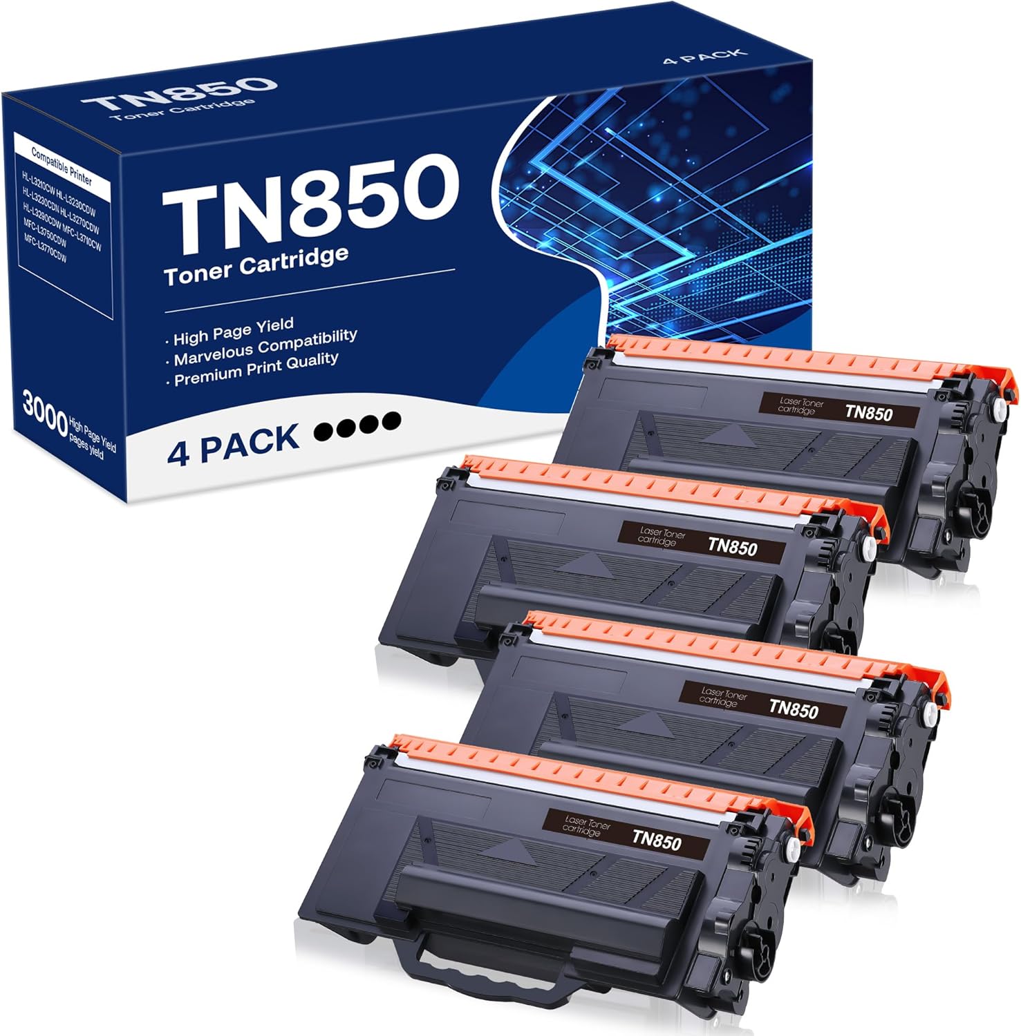 WEAREC Compatible Toner Cartridge Replacement for Brother TN850 TN-850 TN820 TN-820 Work with HL-L6200DW HL-L5200DW MFC-L5850DW MFC-L6800DW DCP-L5600DN Printer (Black,4-Pack)