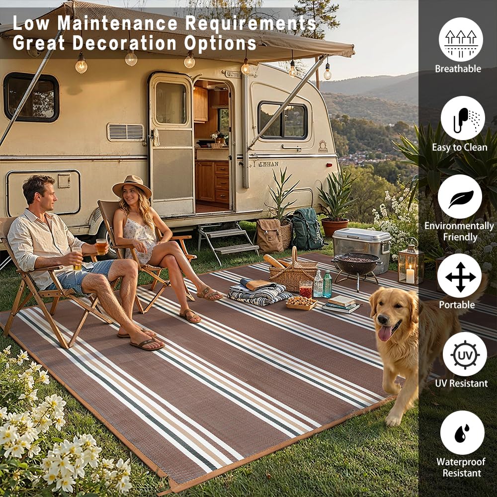 PureCozy Outdoor Plastic Straw Rug Black Beige Large Outside Waterproof Outdoor Patio 5x8 Carpet Geometric Reversible Mat Modern for Camping RV Porch Deck Balcony Beach