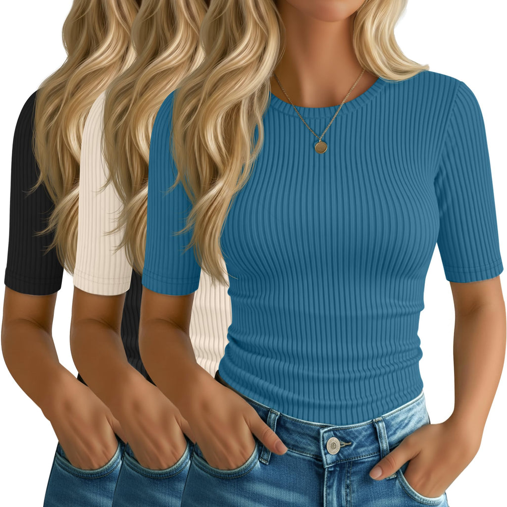 Riyiper 3 Pack Women's Elbow Length Tops, Half Sleeve Ribbed Cotton T Shirt Crew Neck Summer Tee Slim Fit Casual Blouses