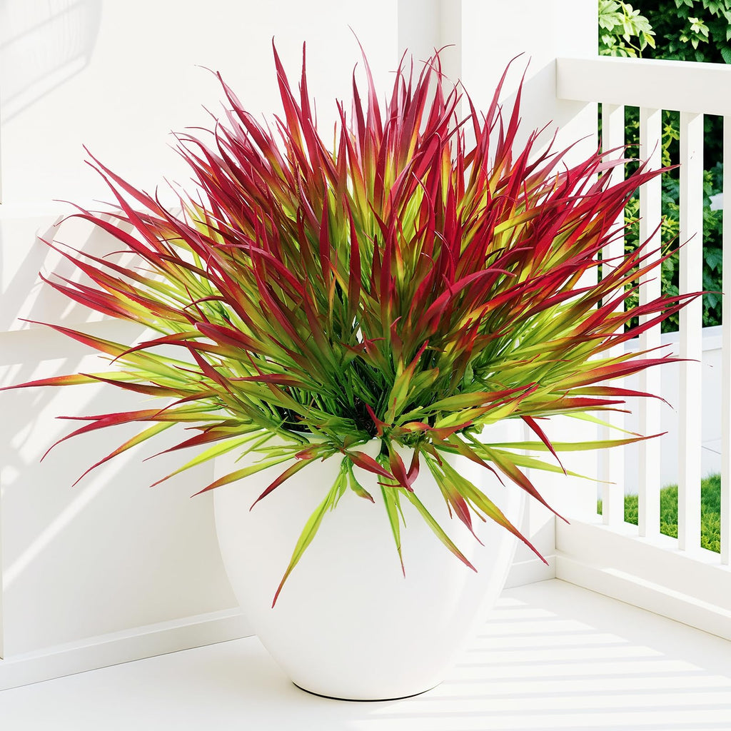 Uieke 28 Bundles Artificial Outdoor Plants UV Resistant Fake Grass Plants Faux Plastic Plants Greenery Shrubs for Home Garden Pathway Window Box Front Porch Cemetery Fall Decor, Autumn Red