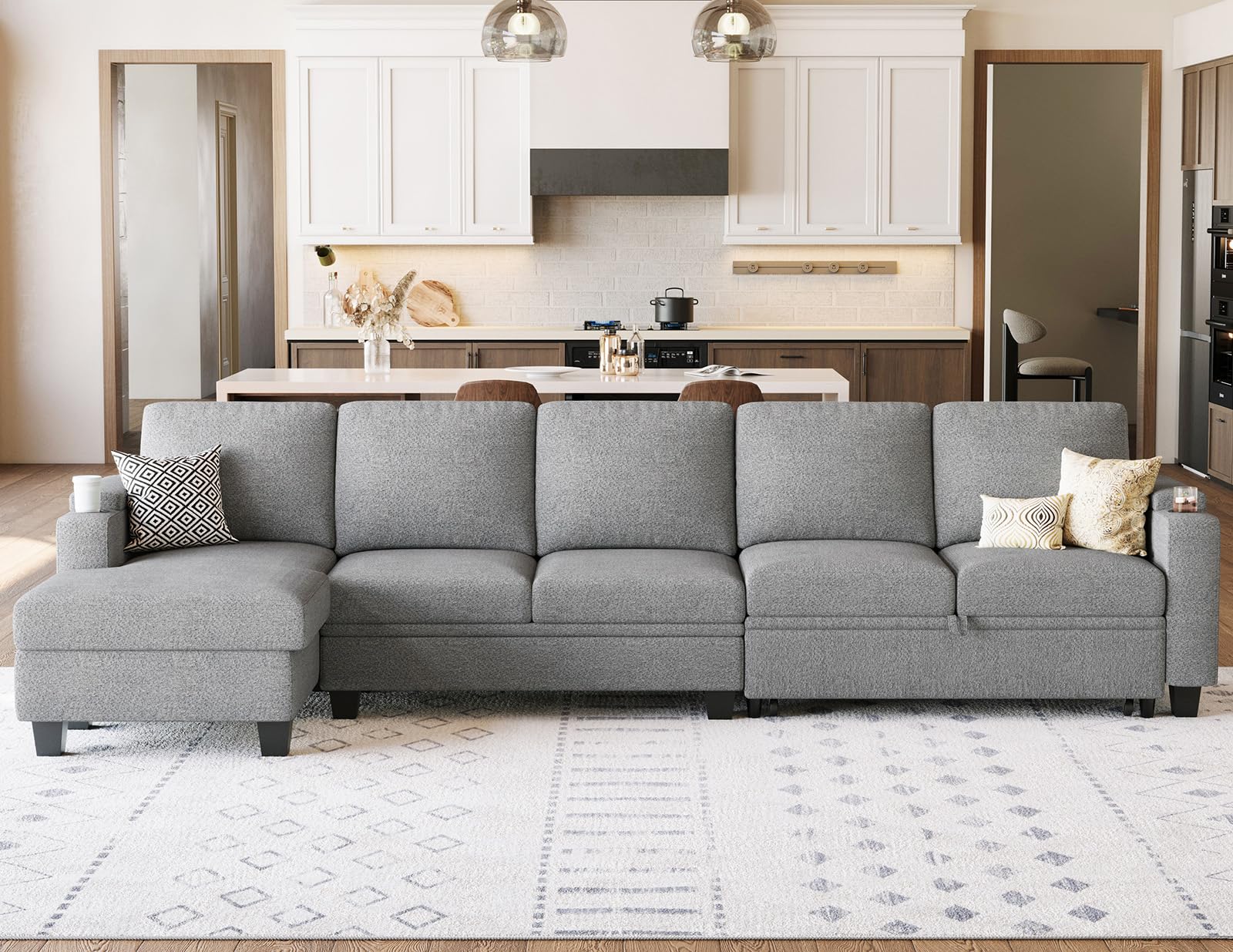 Belffin Modular Sectional Sleeper Sofa Bed with Storage Chaise L Shaped Sectional Couches for Living Room Armrest with Cup Holder. White Couch