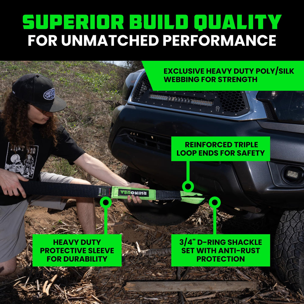 Rhino USA Heavy-Duty Recovery Gear Combos Off-Road Truck Vehicle Recovery, Best Offroad Towing Accessories - Backed for Life (20' Strap + Hitch)