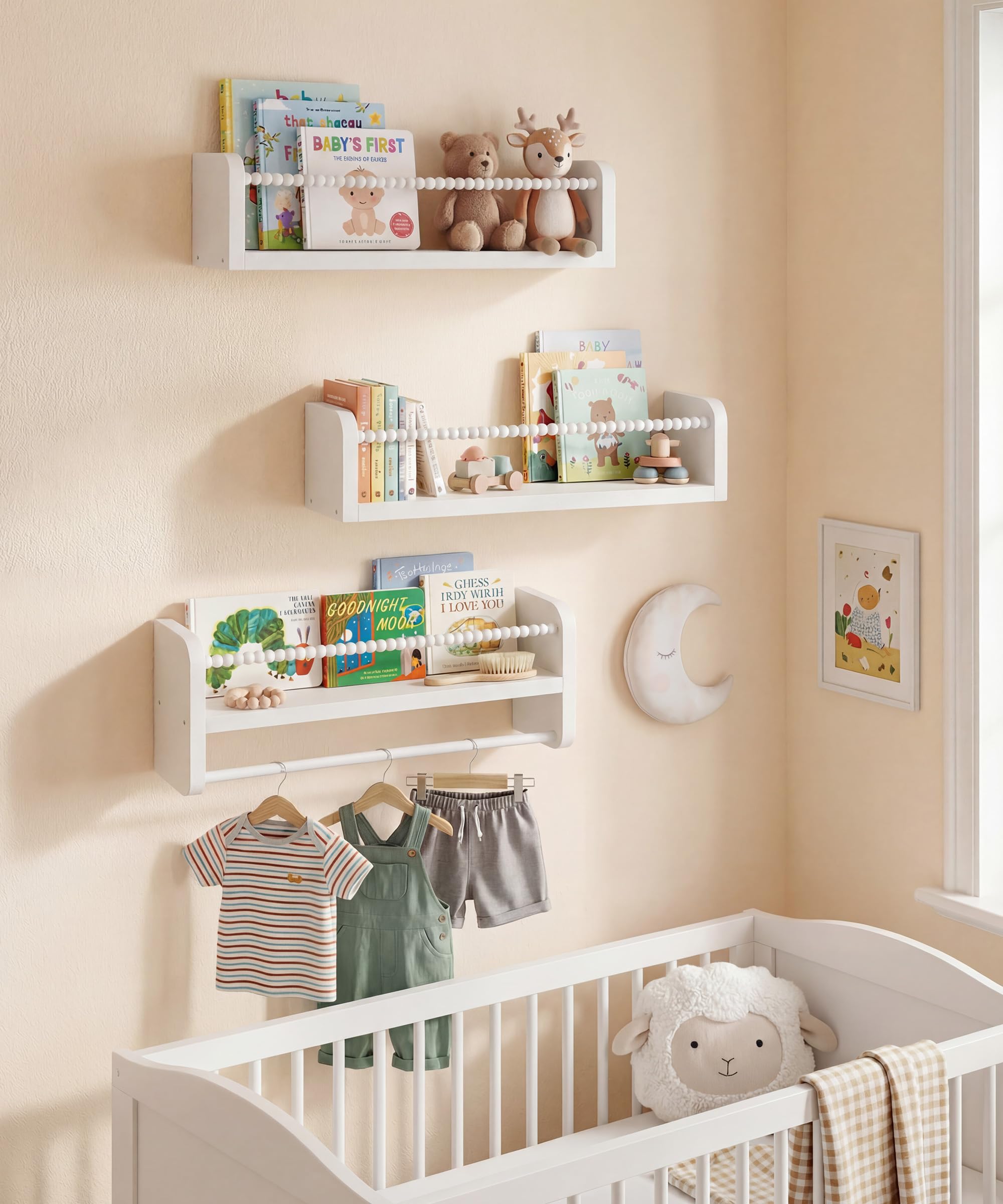 Nursery Book Shelves for Wall Set of 3, Natural Wood Bookshelves Wall Decor, Small Floating Shelf Organizer for Kids Room, Bedroom, Kitchen Spice Rack