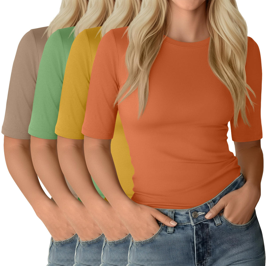 Neer 4 Pack Women's Half Sleeve Tops Elbow Length Slim Fit Crewneck T-Shirts 1/2 Sleeve Casual Summer Basic Tees