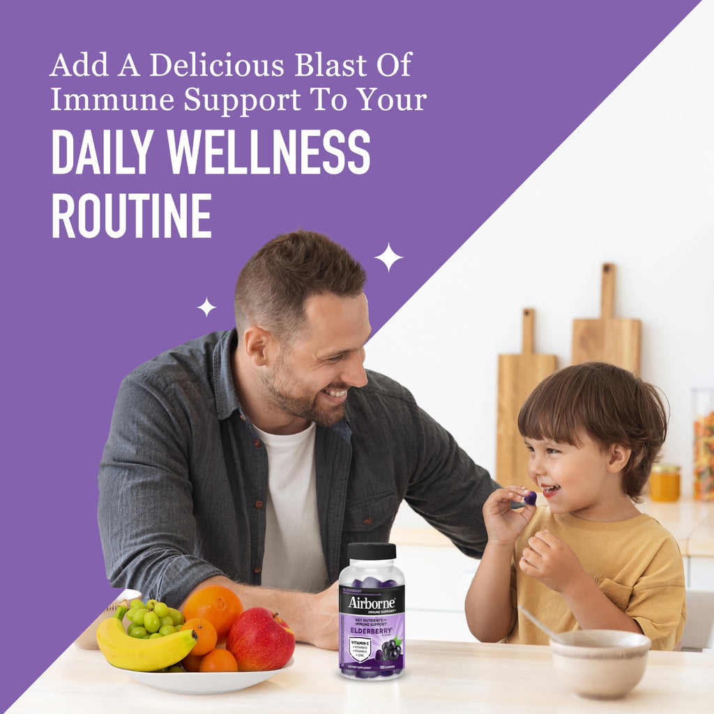 Airborne Elderberry + Zinc & Vitamin C Gummies For Adults, Immune Support Vitamin D & Zinc Gummies With Powerful Antioxidant Vitamins C D & E - 50 Gummies, Elderberry Flavor