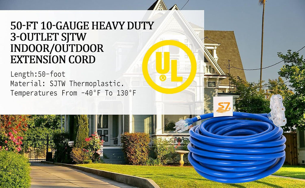 50ft 10-Gauge Heavy Duty 3-Outlet Indoor/Outdoor Extension Cord,Grounded 15-Amp Three-Prong Power-Cord with The End Light Up