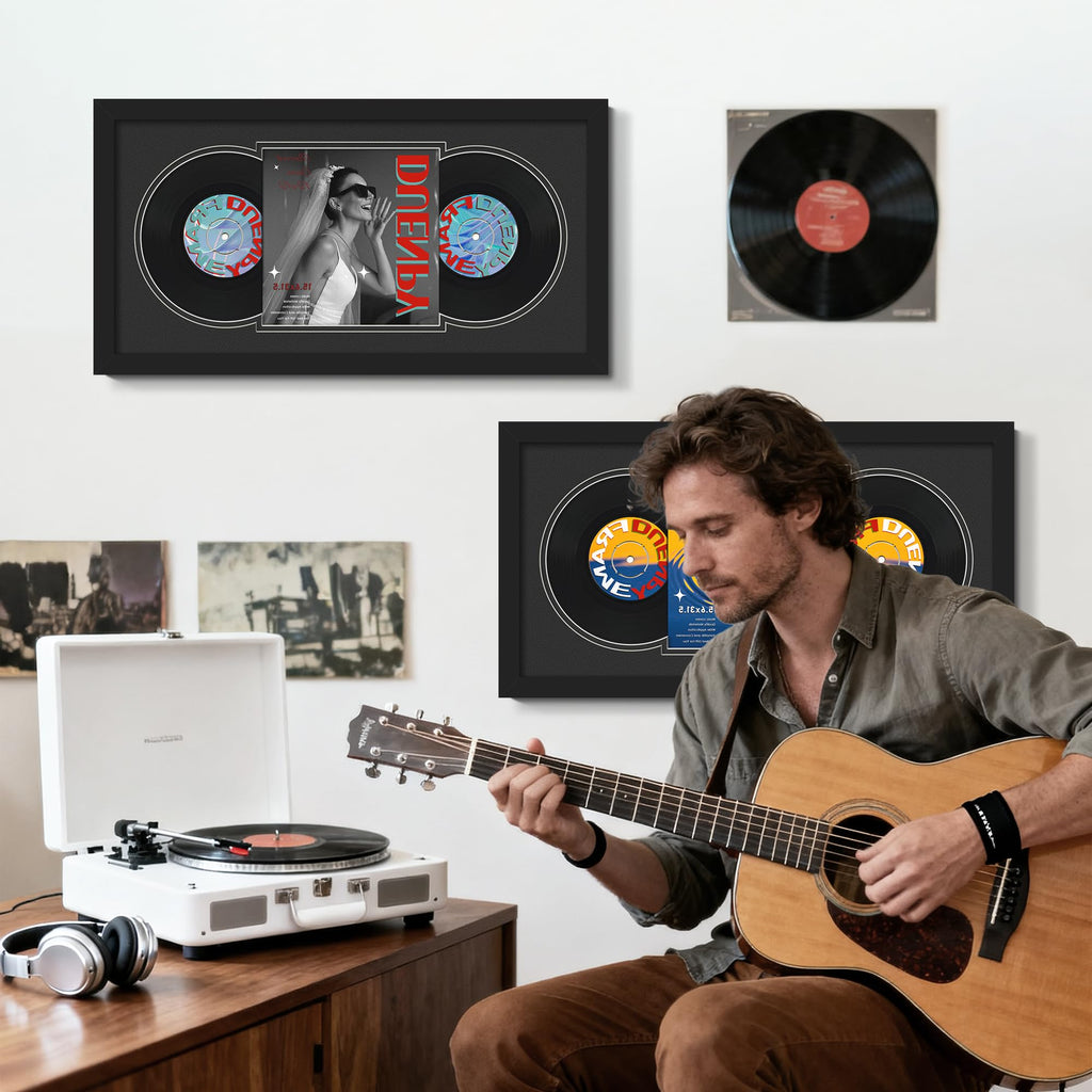 DUENPY Vinyl Record Display Frame 16x22 Inches Display Record Album and 12.5x12.5 Album Cover Art（Black Bottom Mat） Wall Mount