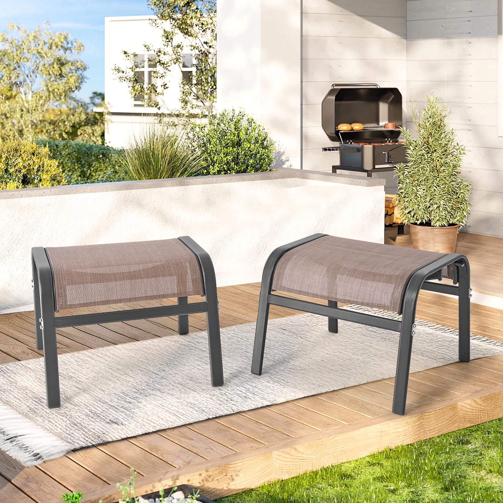 ONBRILL Outdoor Ottoman Set of 2, All Weather Outdoor Foot Stool with Supportive Textliene and Metal Frame, Stackable Oversized Outdoor Foot Rest for Furniture Patio Garden Pool, Beige