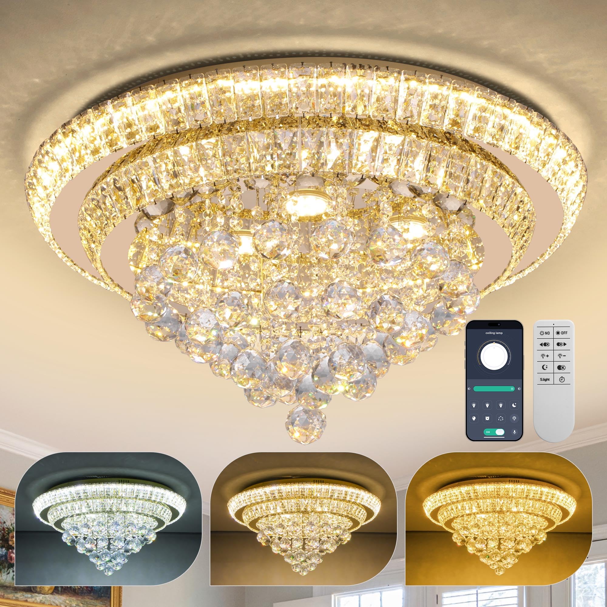 COCOSTAR 20" Gold Crystal Chandeliers, Flush Mount Chandelier LED Ceiling Light, Modern Crystal Raindrop Chandeliers for Dining Room, Living Room, Bedroom
