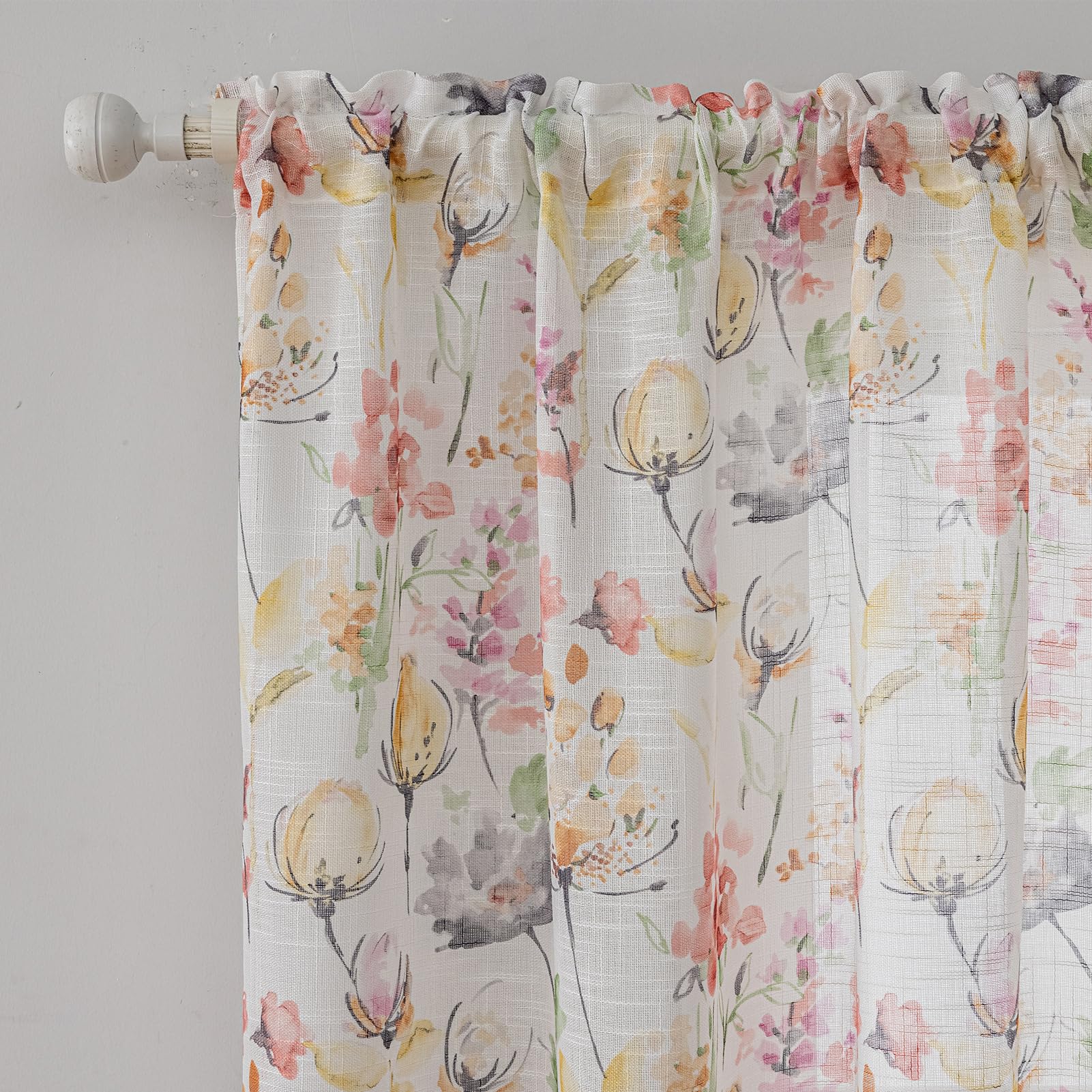 SUOUO Blue Leaf Semi Sheer White Curtains for Bedroom Dining Living Room Linen Textured 84 inches Long Rod Pocket Boho Window Drapes 2 Panels
