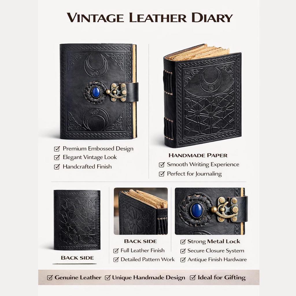 3 Moon Blue Lapis Embossed Vintage Leather Journal | 240 Pages of Antique Handmade Deckle Edge Vintage Paper, Leather Sketchbook, Drawing Journal, Great Gift (5 by 7 inch, black)