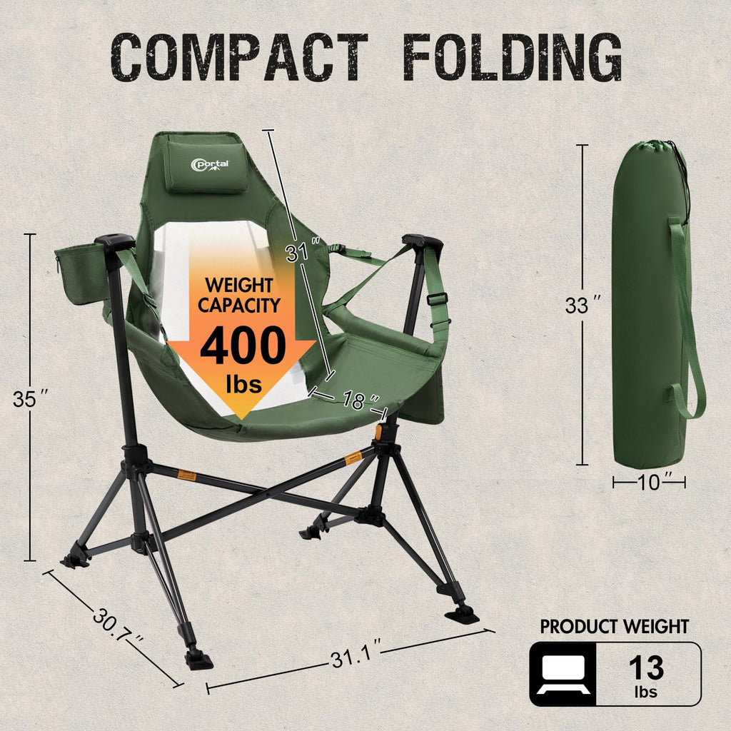 Portal Hammock Camping Chair, Portable Outdoor Swinging Chairs with Adjustable Back and Height for Lawn, Backyard, Patio, Supports 400 lbs, Breathable Mesh High Back, Blue
