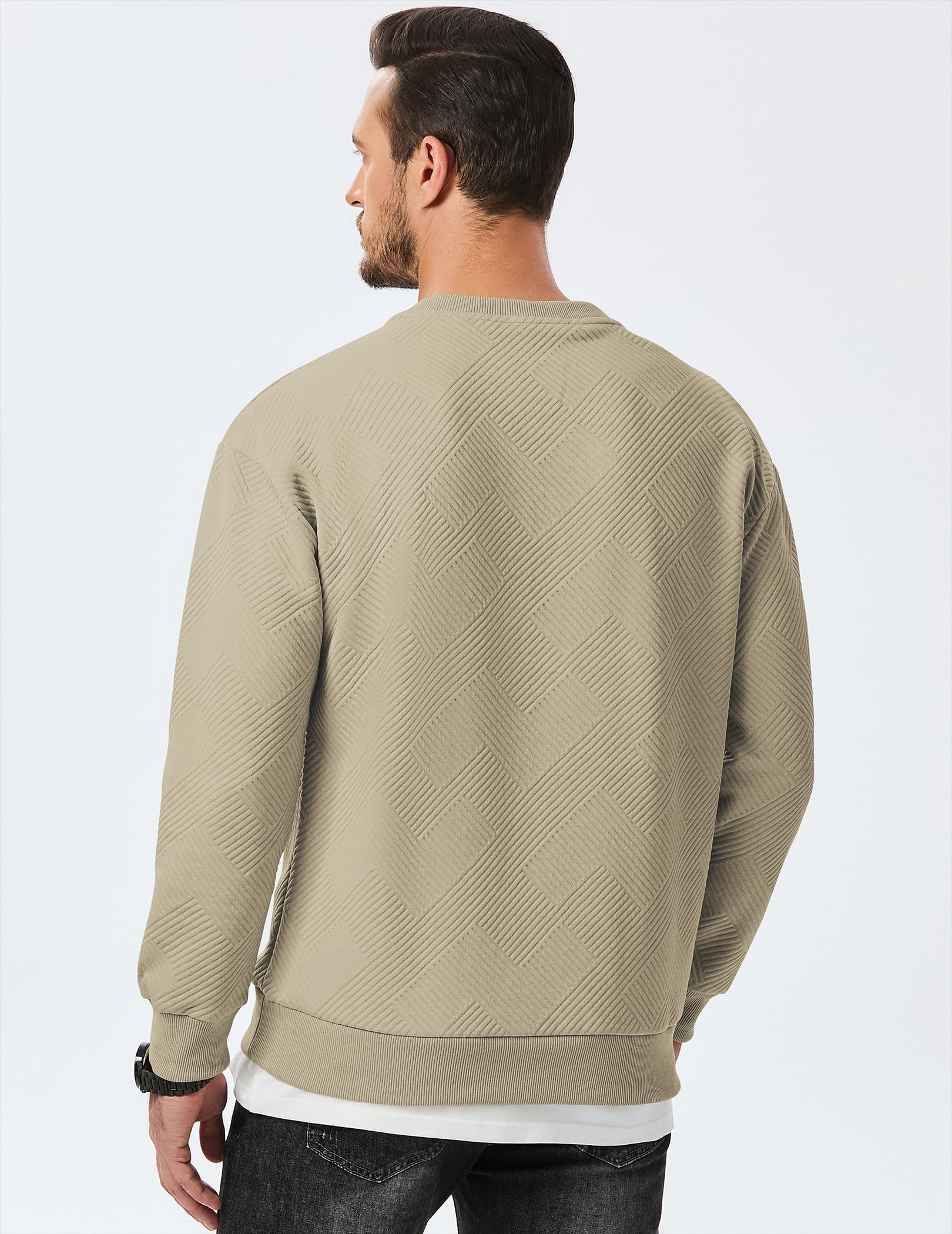 Dokotoo Men Men's Crewneck Sweatshirts Soild Color Geometric Texture Long Sleeve Casual Pullover Shirt
