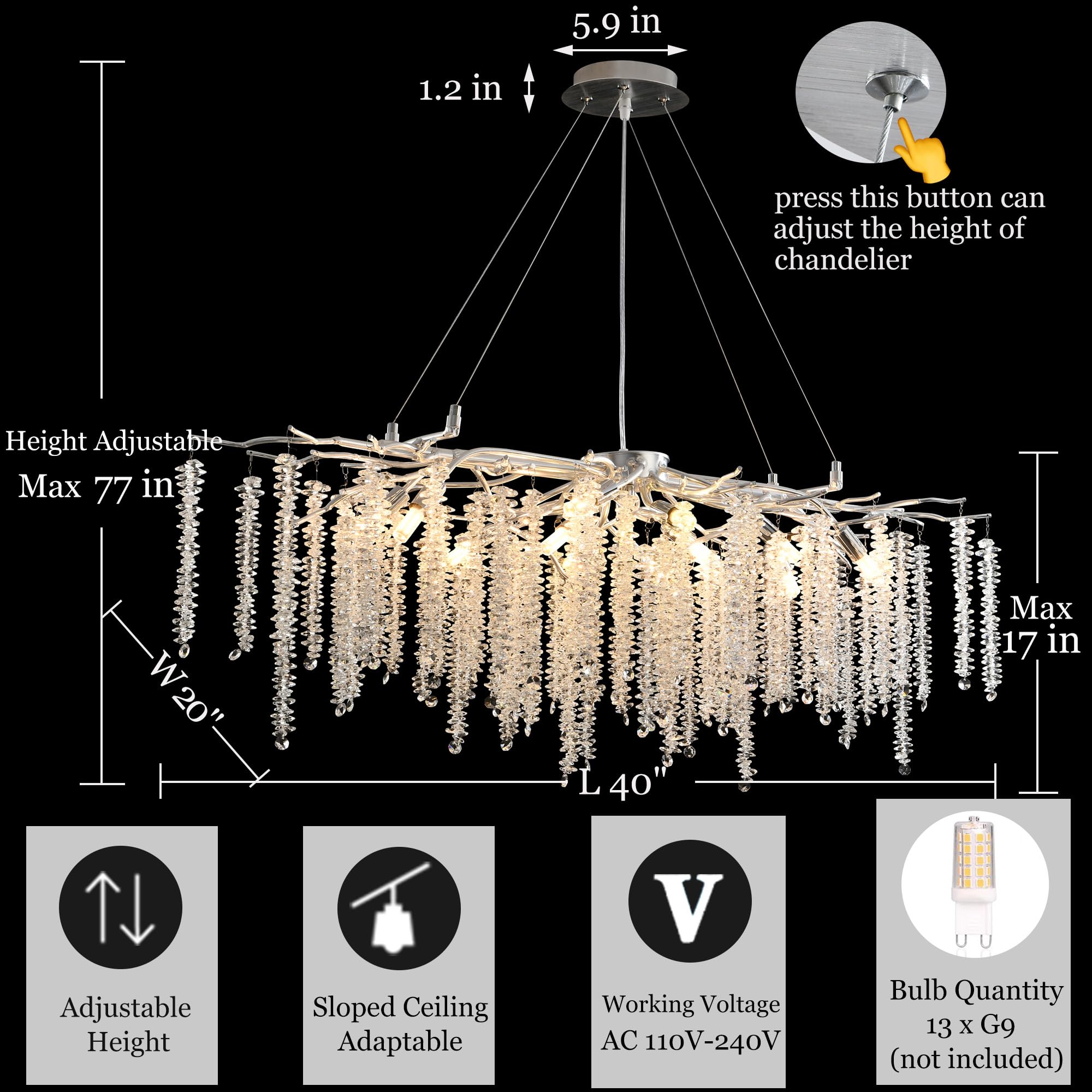 Modern Crystal Raindrop Chandelier, L40'' Black Linear Rectangle Art Deco Tree Branch Lighting Fixture for Kitchen Island Living Room Foyer Staircase 10 Lights