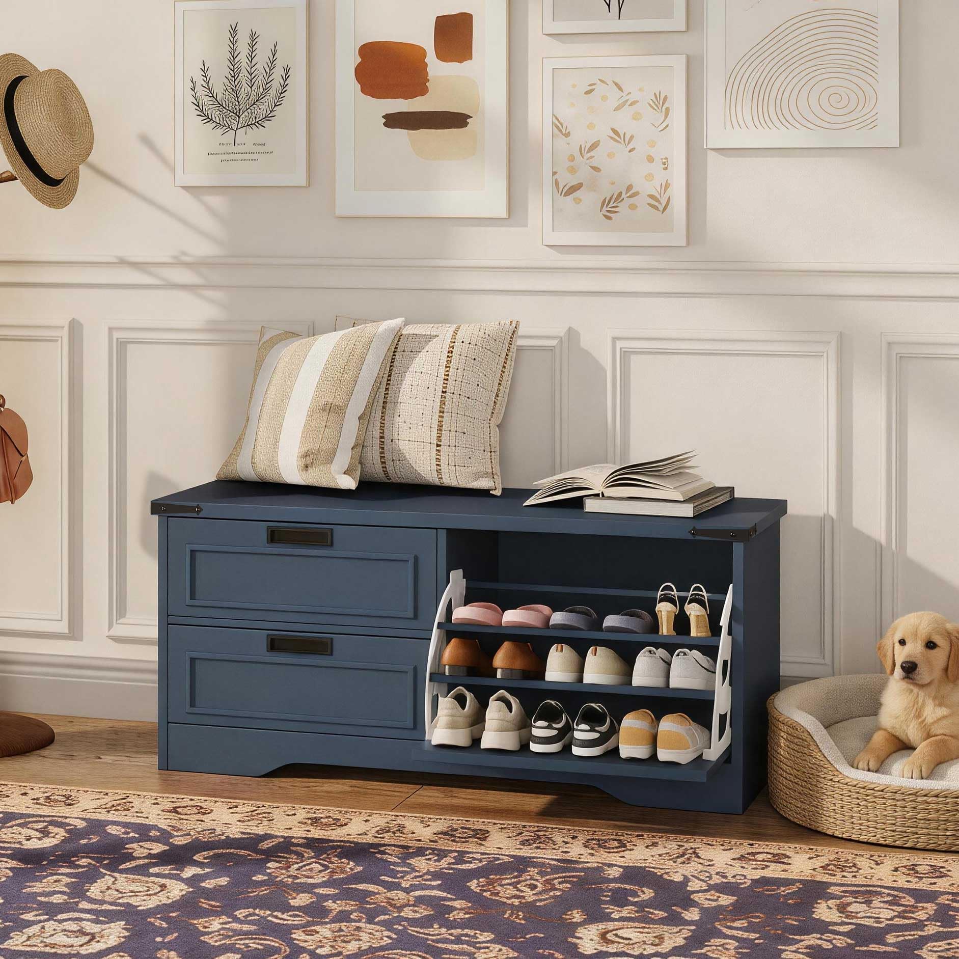 FATORRI Entryway Bench with Storage, 41 Inch Shoe Storage Bench, Industrial Wood Shoe Bench for Entry Way, Living Room, Bedroom and Mudroom (Black)