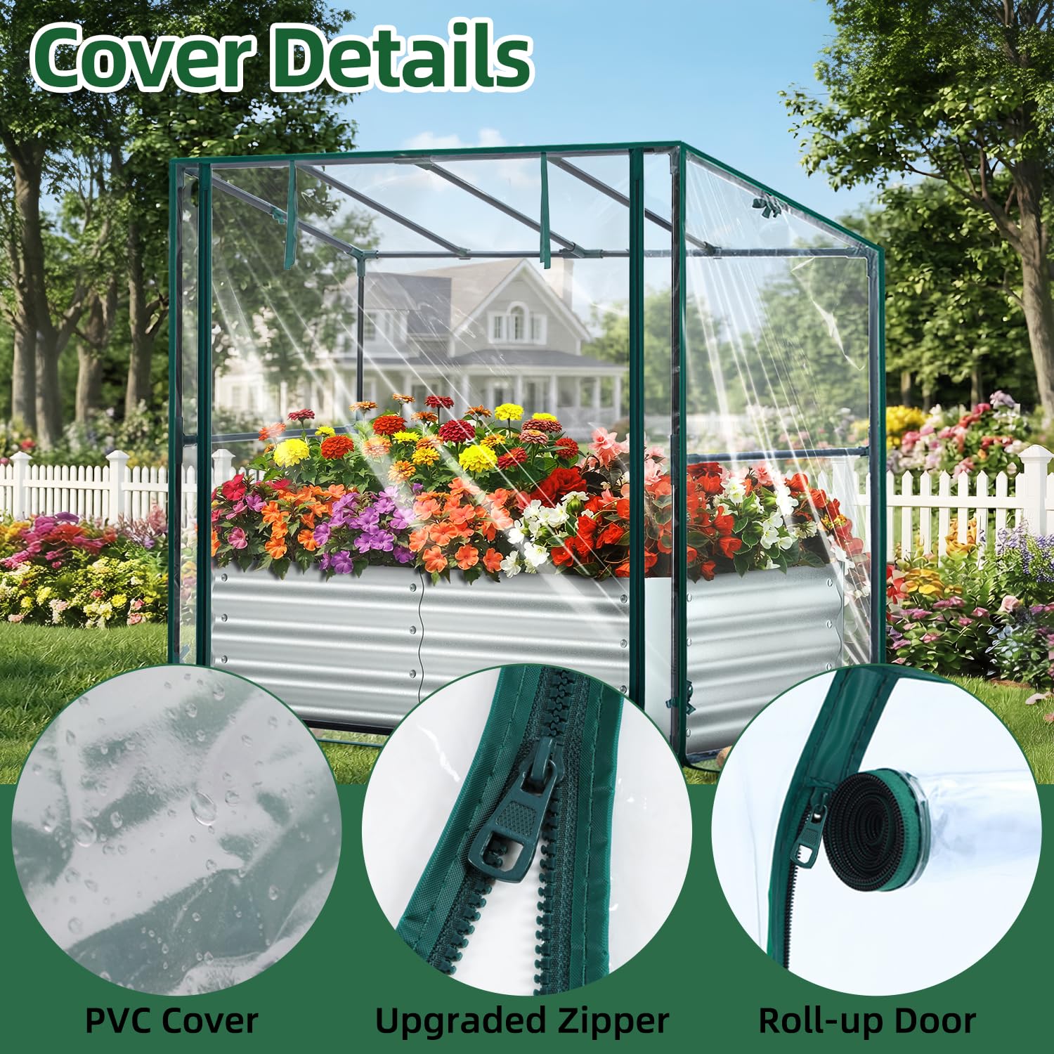Ohuhu 8x4x1 FT Raised Garden Bed with Cover, 3-in-1 Galvanized Metal Planter Box with Greenhouse for Outdoor Plants, Dual-Side Access for Easy Plant Care, All-Season Frost & Pest Protection