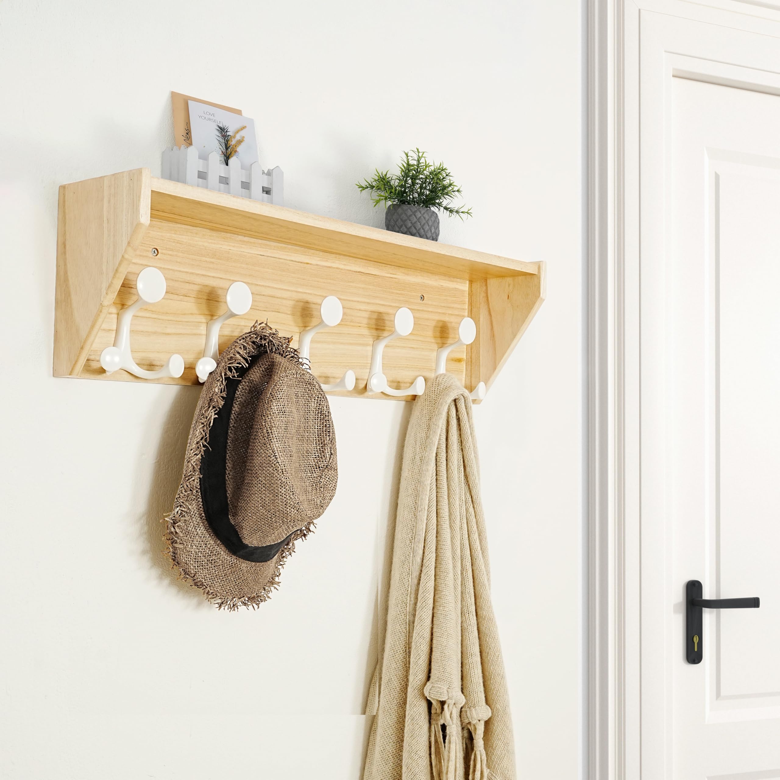 SKOLOO Wall Shelf with Hooks, 24-Inch Cherry Coat Rack Wall Mount with Shelf Organizer - Heavy Duty, 4 Tri Hooks - Perfect for Entryway, Hallway, Living Room, Bedroom, Mudroom